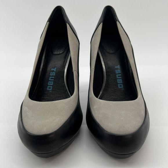 Tsubo Pumps Women's 8.5 Black Leather Gray Suede Stacked 4” Heels Buttery Soft‎ - Picture 4 of 11